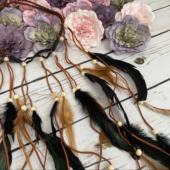 Boho Dark Green & Brown Feather Headdress - Picture 6 of 14